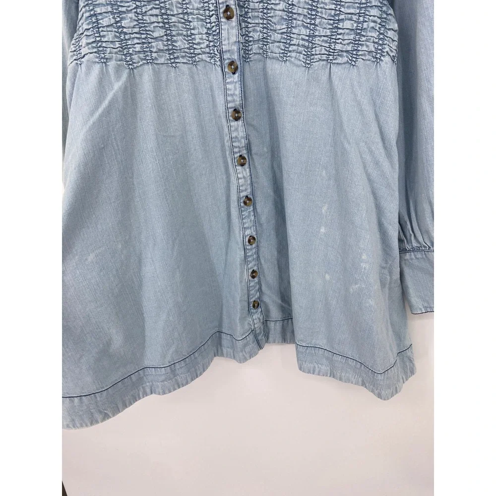 Free People Dress Womens XS Blue Smocked Denim Chambray Long Sleeve Button Front